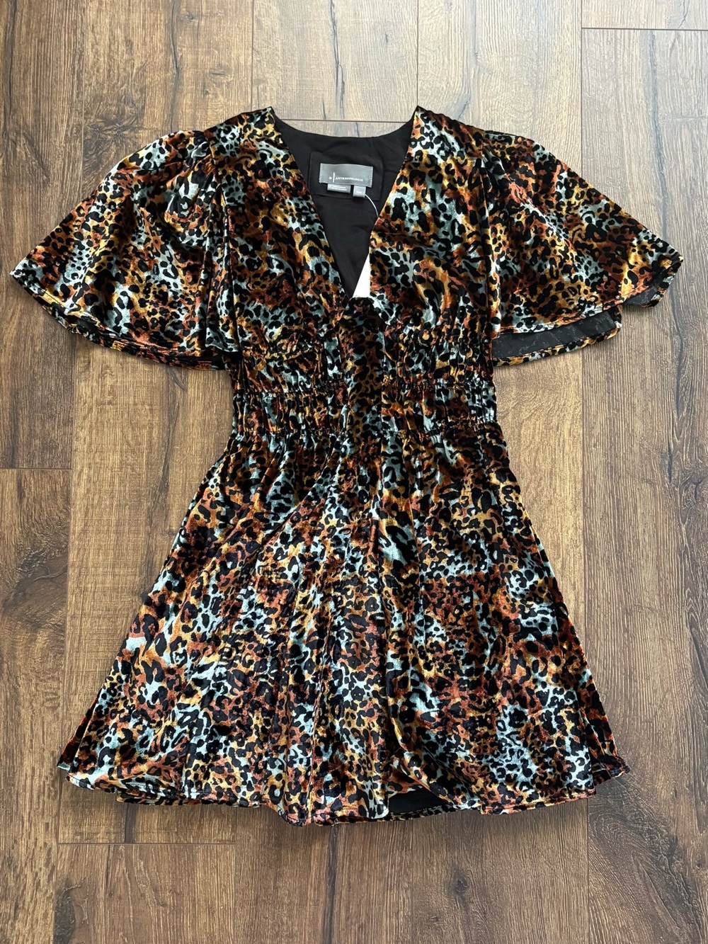 Anthropologie Short-Sleeve Velvet Mini Dress, Brown Pattern, XXS NWT